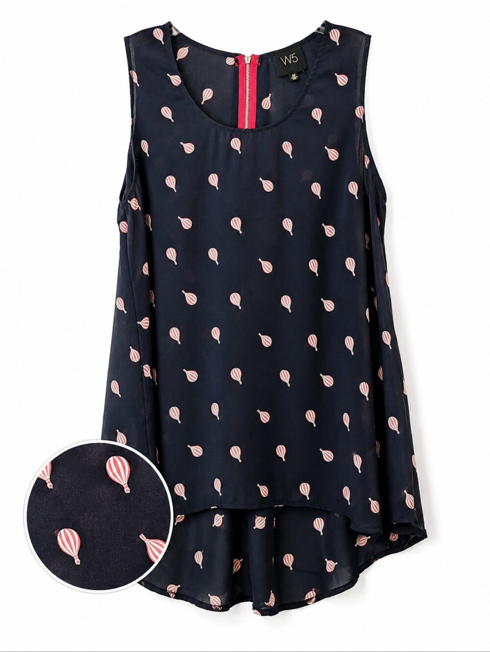 W5 Navy Hot Air Balloon Print Sleeveless Blouse Flowy High Low Hem Medium